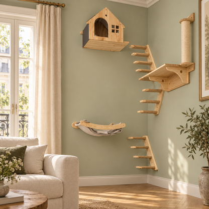 Neko Kabe Natural – Modules muraux en bois et hamac — mise en situation