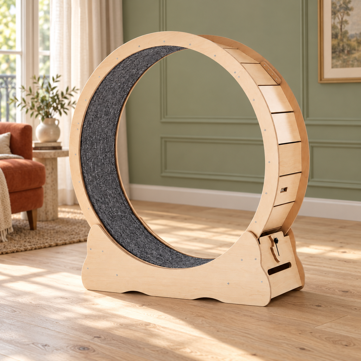 Neko Kuruma – Roue d’exercice en bois pour chat – 110 cm — mise en situation