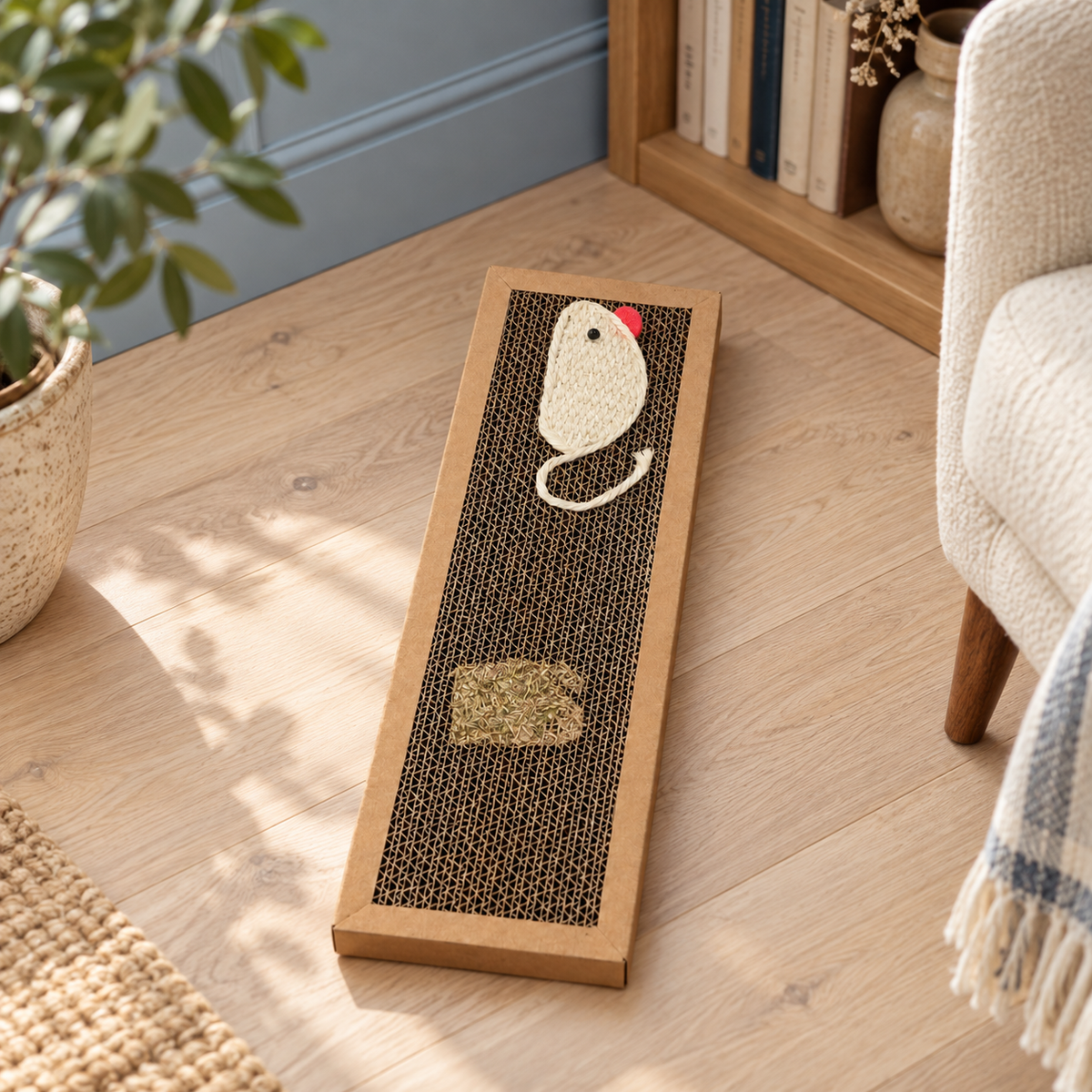 Neko Maru – Planche griffoir en carton avec souris – S — mise en situation