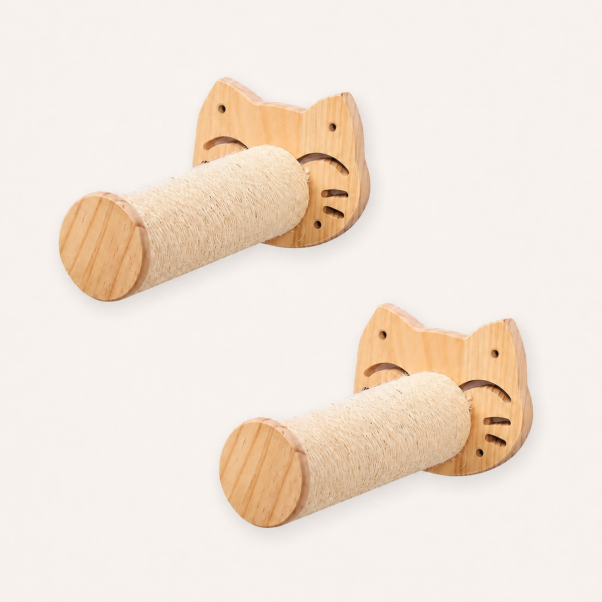 Neko Tsubasa – Lot de deux griffoirs muraux sourire en bois et sisal sur fond beige