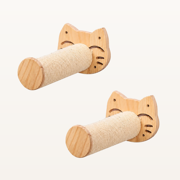 Neko Tsubasa – Lot de deux griffoirs muraux sourire en bois et sisal sur fond beige