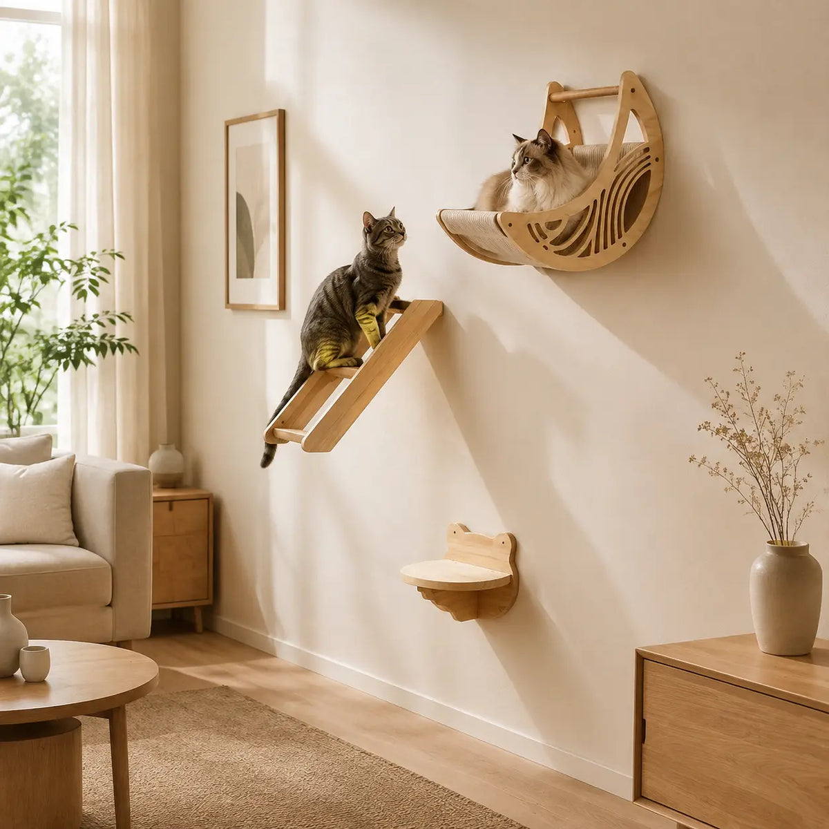 Neko Tsubasa – Étagères murales en pin massif dans un intérieur avec chats