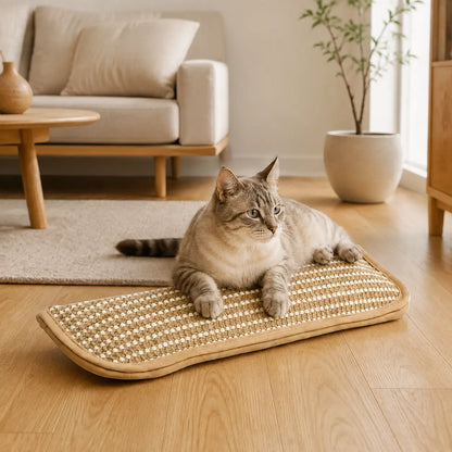 Neko Yawara – Coussin griffoir en chanvre dans un intérieur avec chats