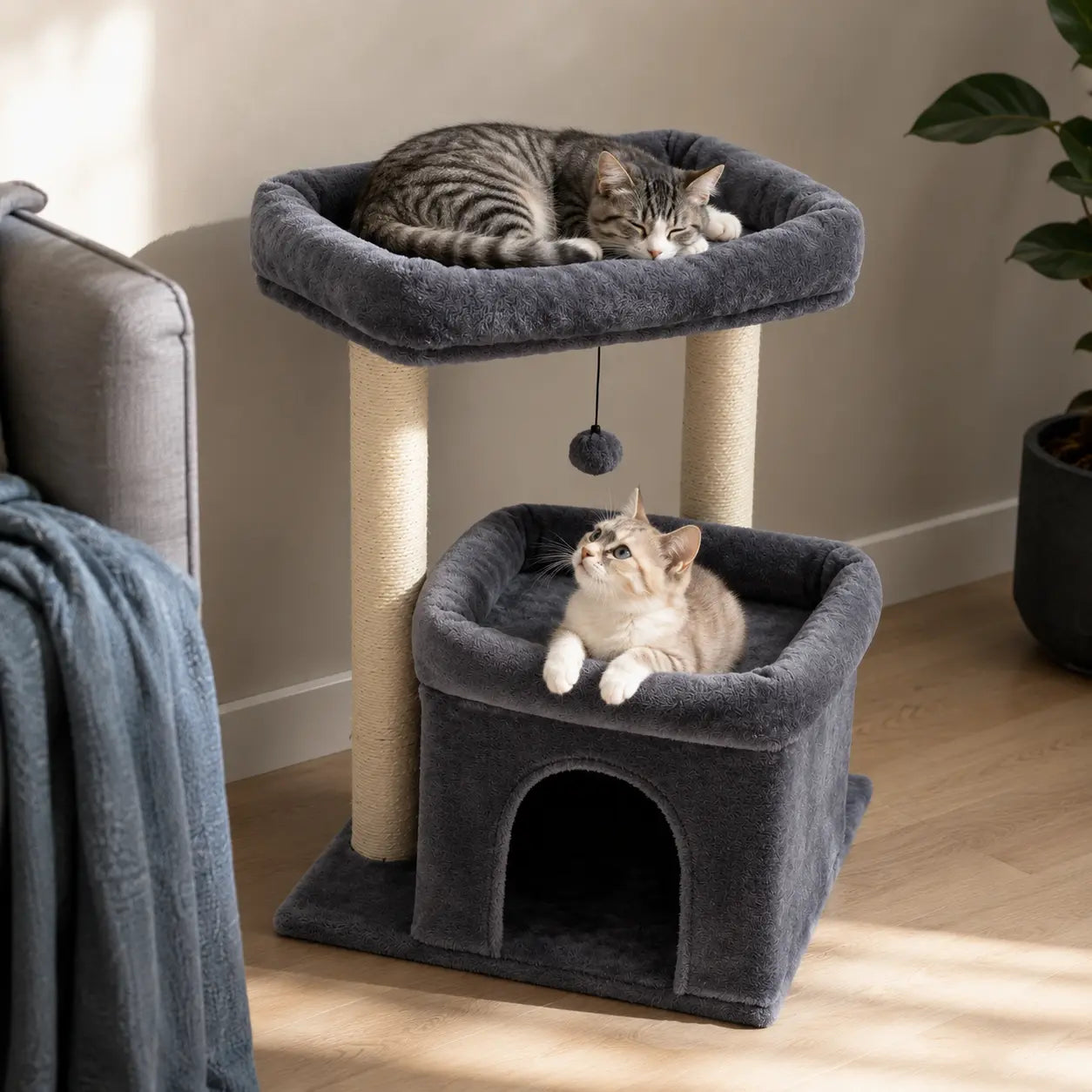 Neko Yume – Arbre à chat compact avec double perchoir dans un intérieur coordonné avec chats