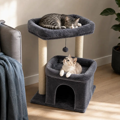 Neko Yume – Arbre à chat compact avec double perchoir dans un intérieur coordonné avec chats