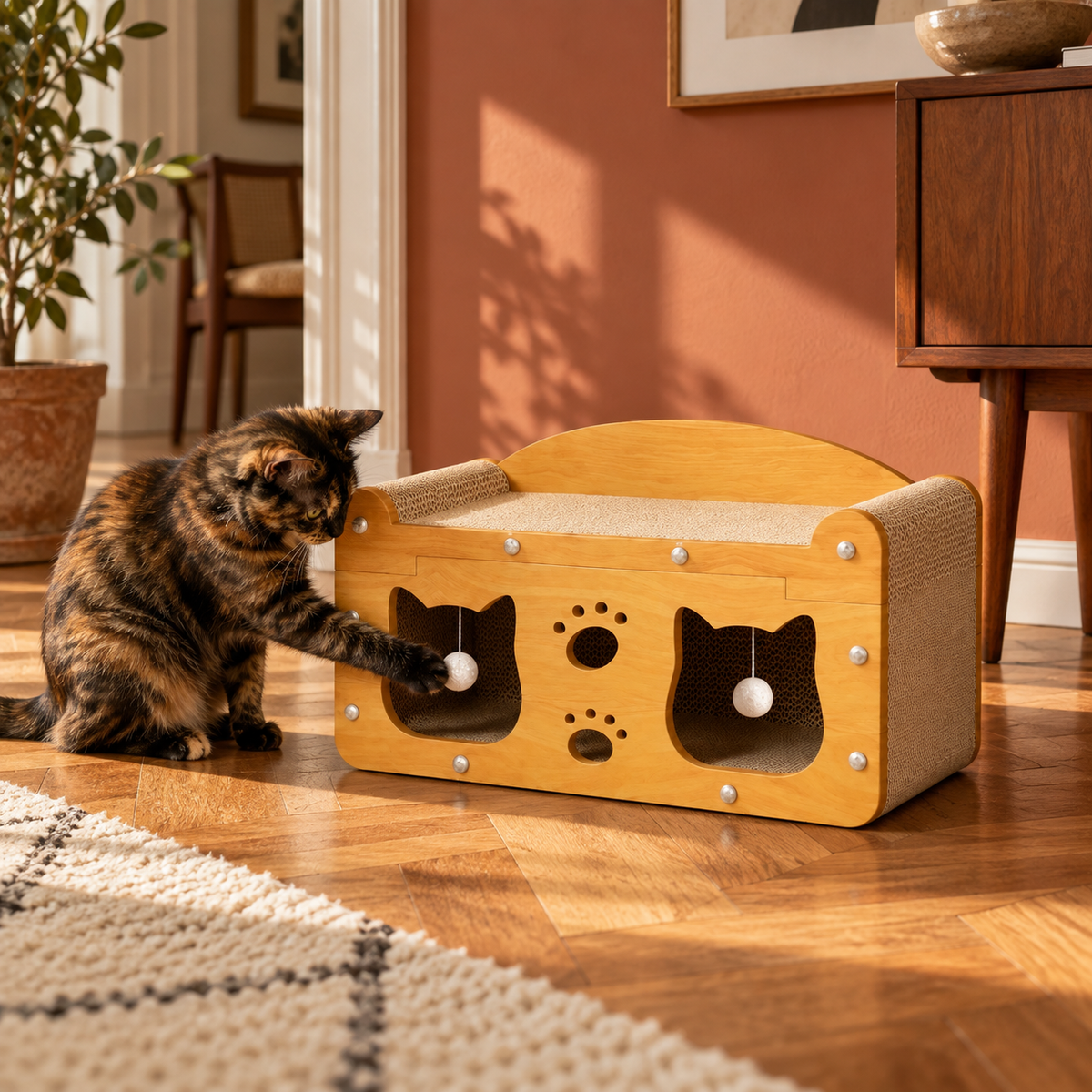 Neko Zen façade chats 56 cm avec un chat jouant dans un salon terracotta