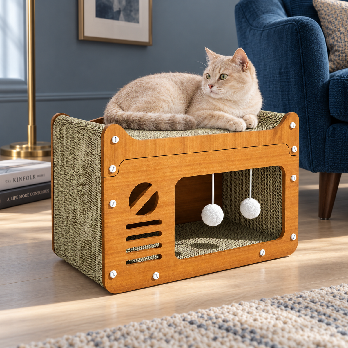Neko Zen façade télévision 56 cm avec un chat au repos dans un coin lecture bleu