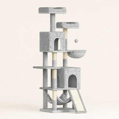 Neko Fuji – Arbre à chat 158 cm avec deux niches – Rose – fond beige avec dimensions