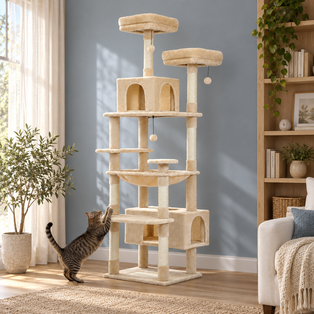 Taiga modèle A beige en situation avec un chat