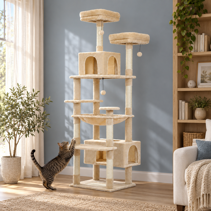 Taiga modèle A beige en situation avec un chat